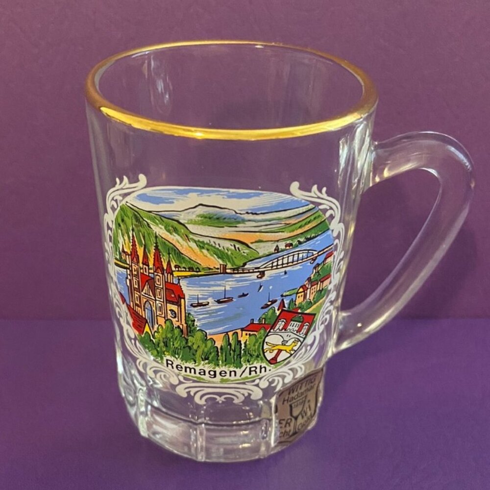 VTG~Germany ~ Whittig Mug Shaped Shot Glass with Handle & Gold Trim ~ Remagen/Rh
